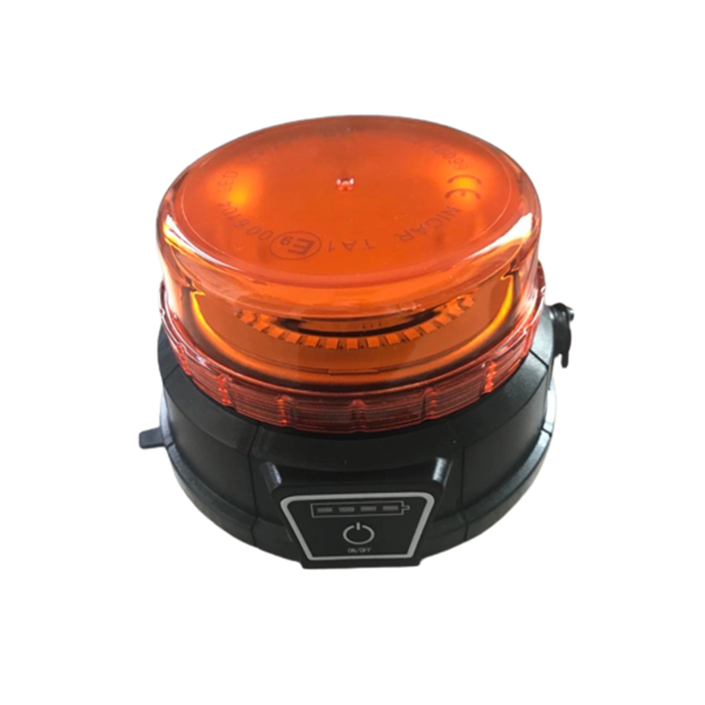 Vue du dessus du Feu à éclat LED rechargeable orange avec fixation magnétique, protection IP66 et certification ECER10.